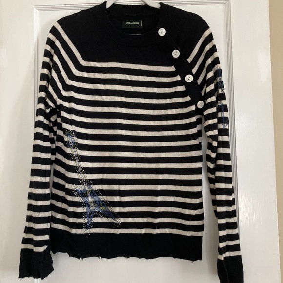 Zadig and Voltaire cashmere Striped Button-rhinestone detail  Sweater. - Picture 1 of 7